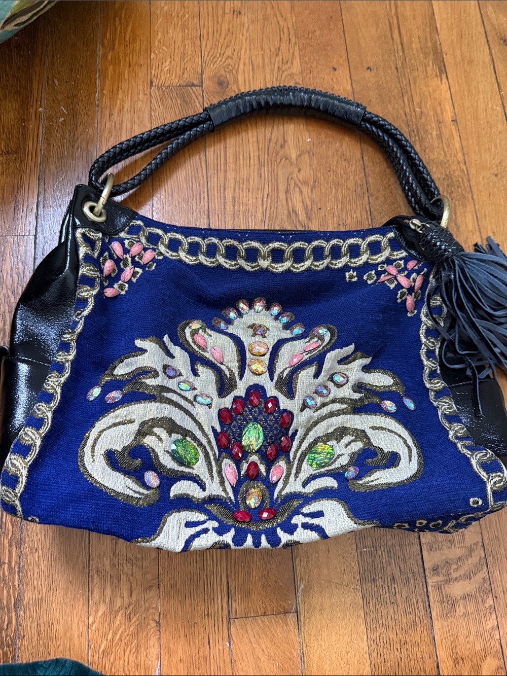 Sharif Blue Embroidered Shoulder Bag with Multicolor Gem Accents